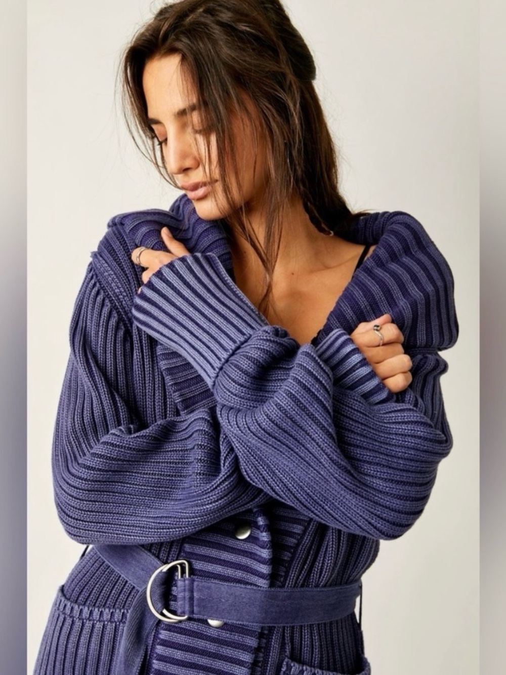 NEW FREE PEOPLE Ryanne long belted cardigan in navy blue